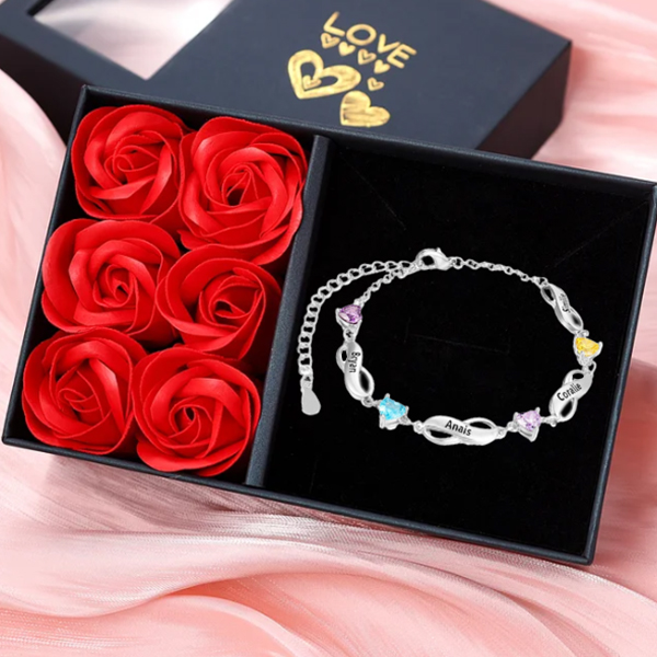Pulsera "infinito" personalizada con 4 nombres y 4 piedras de nacimiento de corazón-Jessemade ES