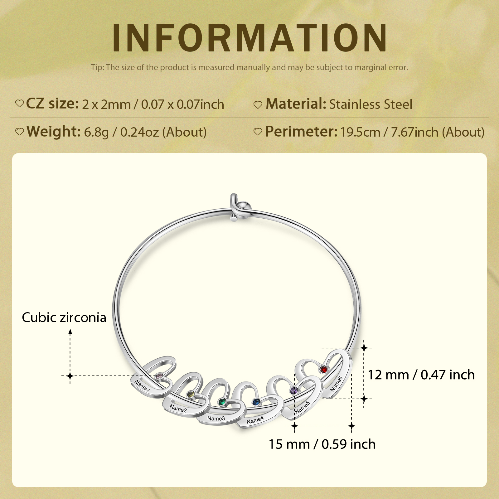 Pulsera 2-6 nombres y piedras de nacimiento personalizados con colgantes de corazón plateado