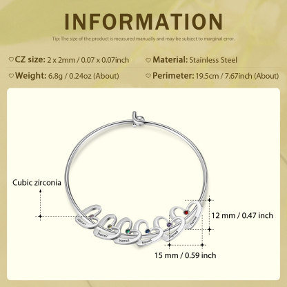 Pulsera 2-6 nombres y piedras de nacimiento personalizados con colgantes de corazón plateado