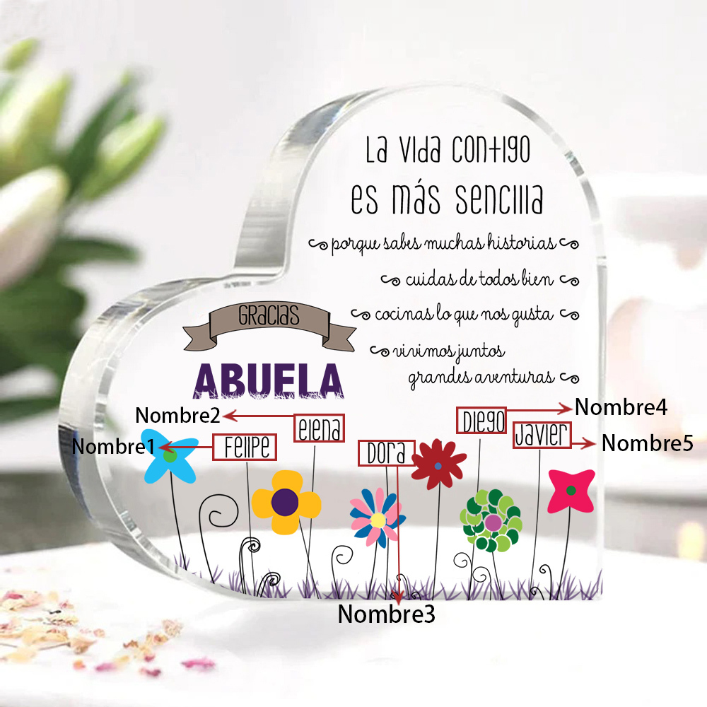 Abuela - Placa de acrílico en forma de corazón flores 1-5 nombres personalizados-Jessemade ES