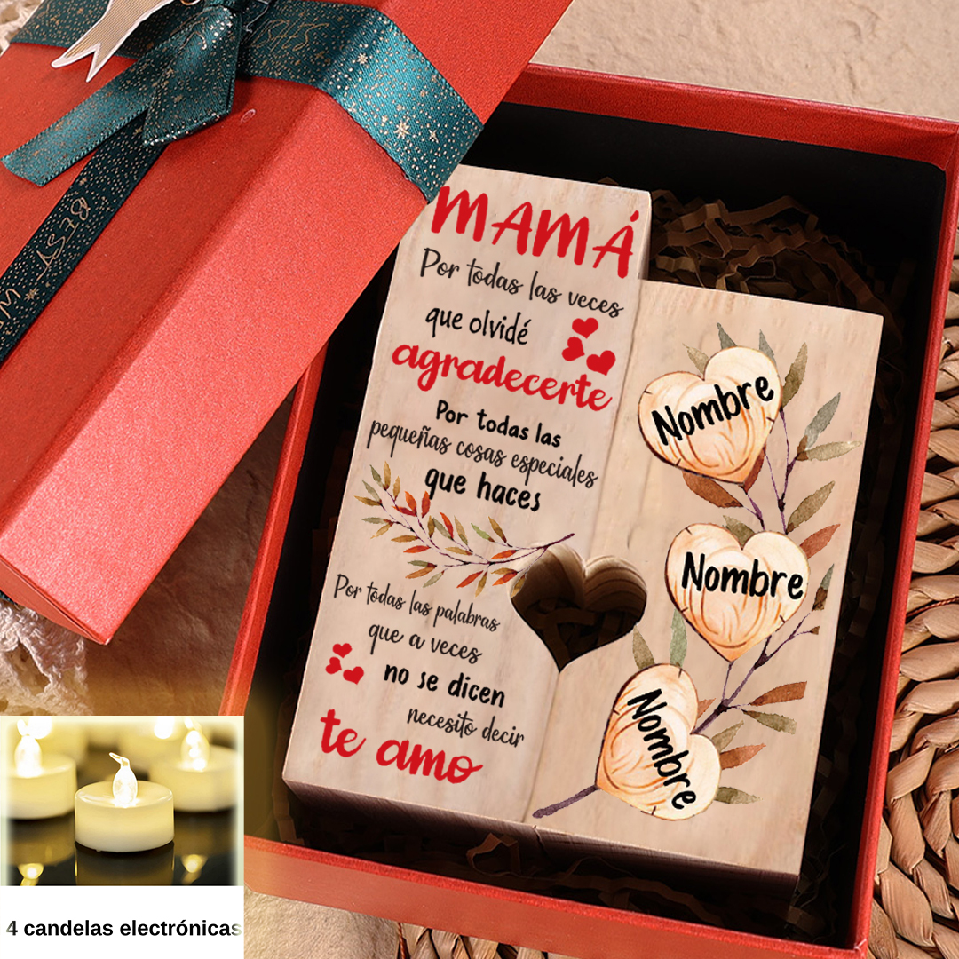 A mi madre-Candelero de madera de dos piezas sin candela 3 nombres personalizados