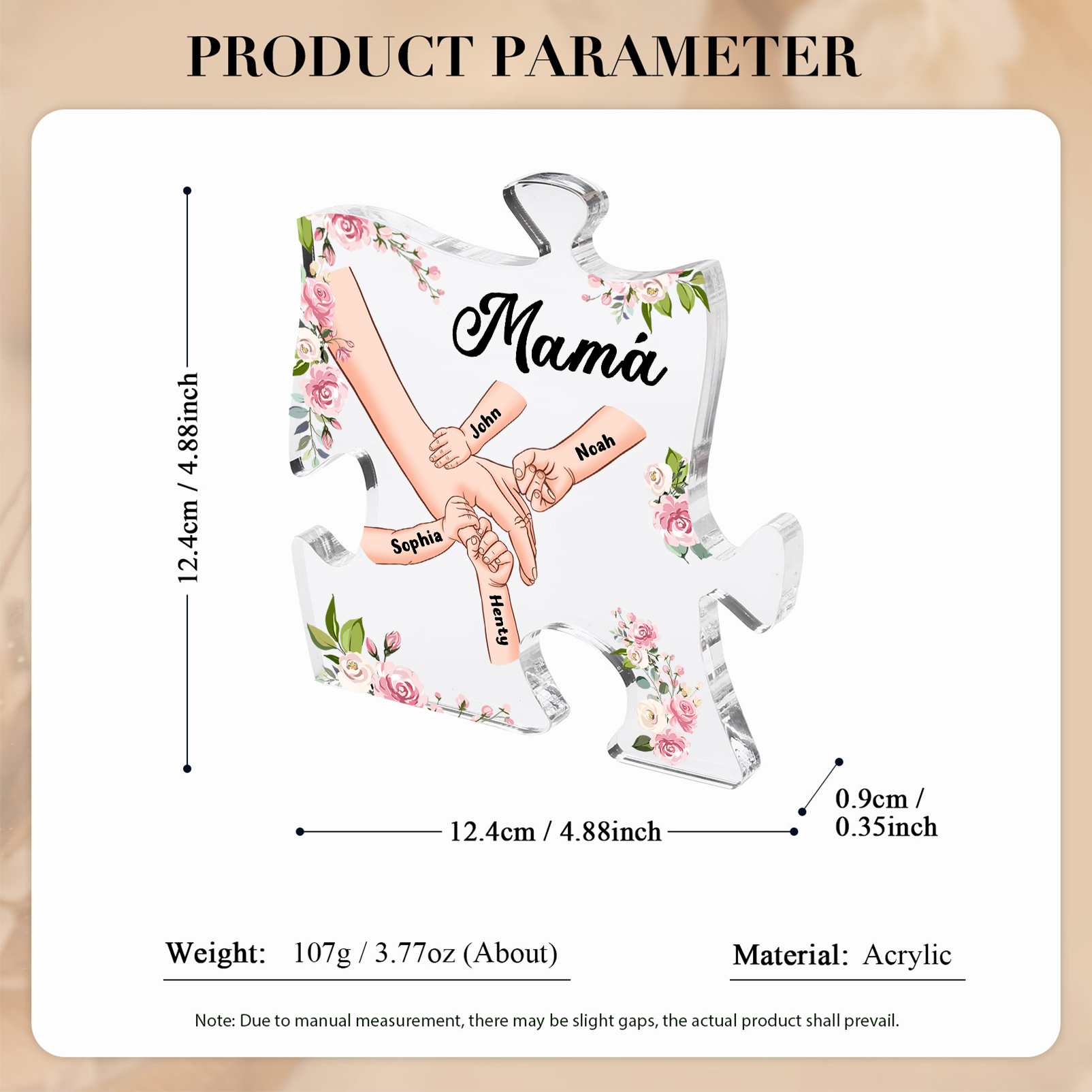 A mi mamá/abuela-Placa de acrílico en forma de corazón mano a mano con 1 texto y 4 nombres personalizados | Jessemade