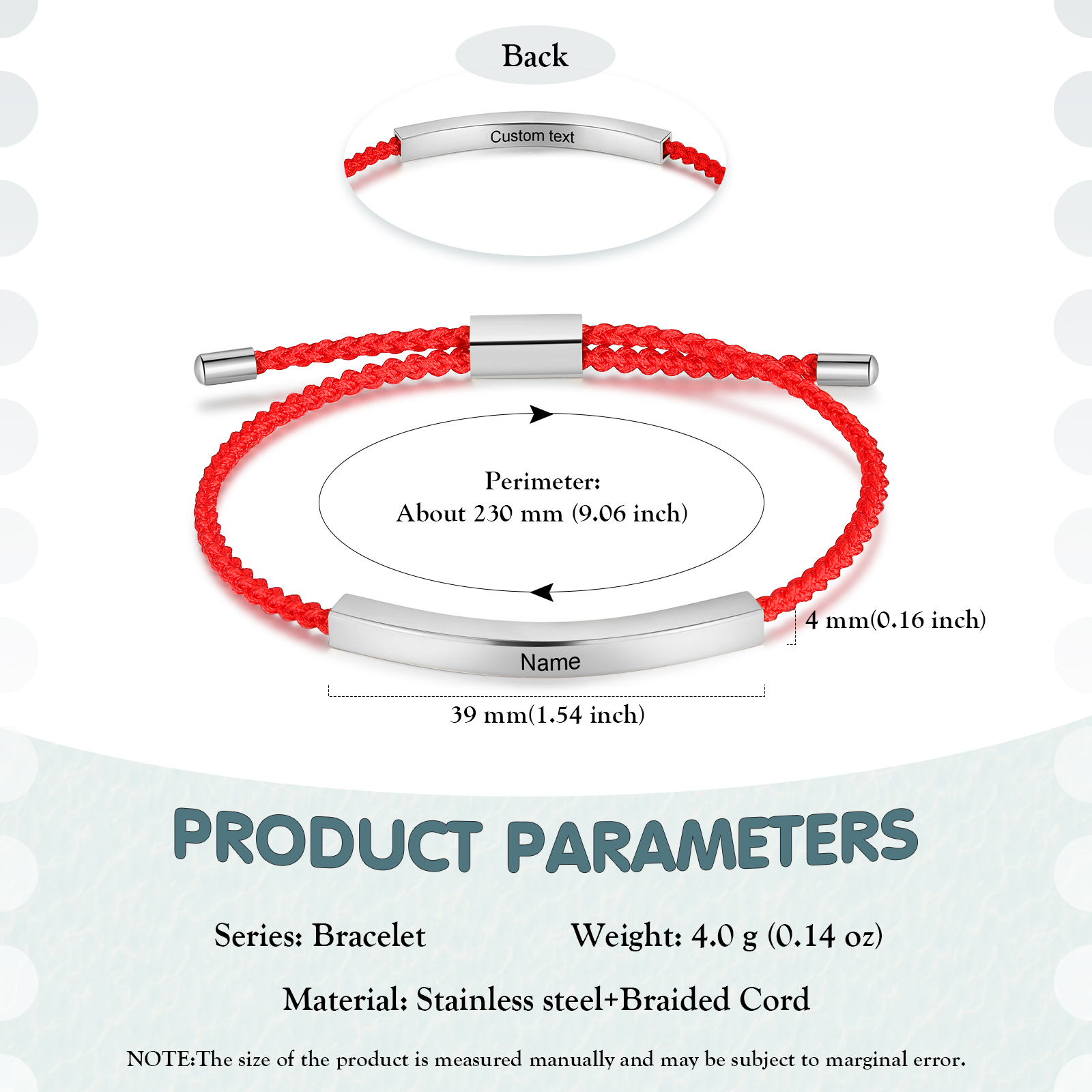 Pulsera de cuerda tejida a mano con nombre y texto personalizados seis colores placa plateada