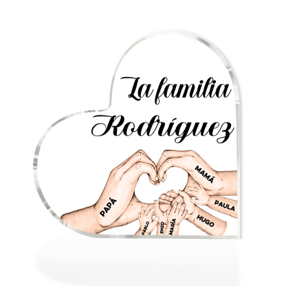 Placa de acrílico en forma de corazón mano a mano con 1 texto y 7 nombres personalizados-Jessemade ES
