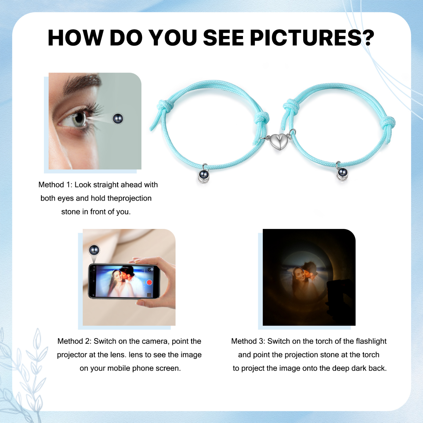 Pulsera de cuerda fluorescentepara pareja con proyección de foto con dije de corazón magnético-Jessemade ES