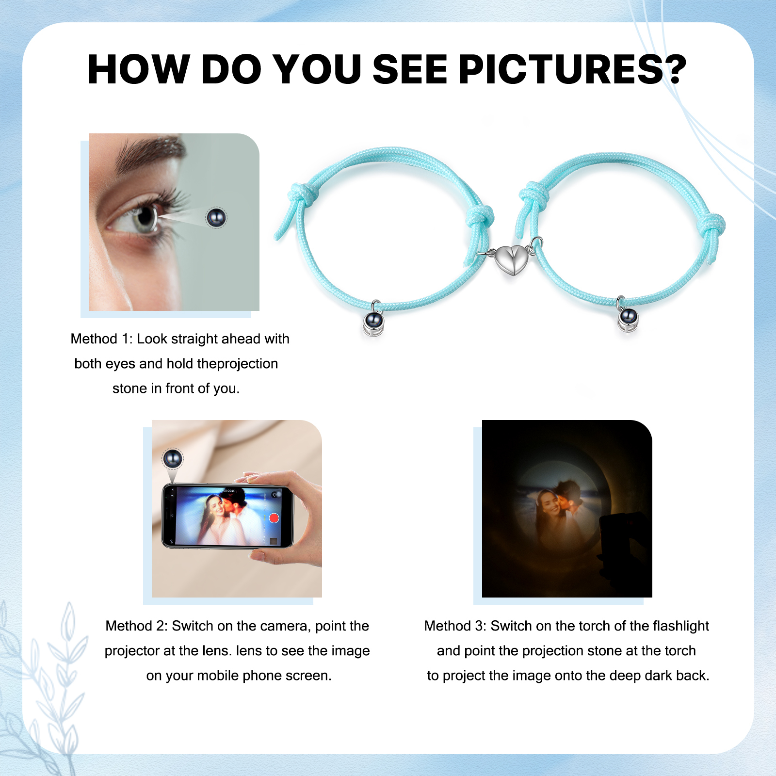 Pulsera de cuerda fluorescentepara pareja con proyección de foto con dije de corazón magnético-Jessemade ES