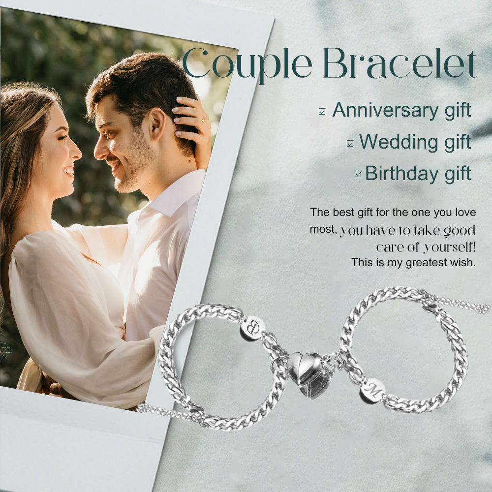 Pulseras de acero personalizadas para pareja con dije de corazón de rompecabezas magnético 2 letras-Jessemade ES