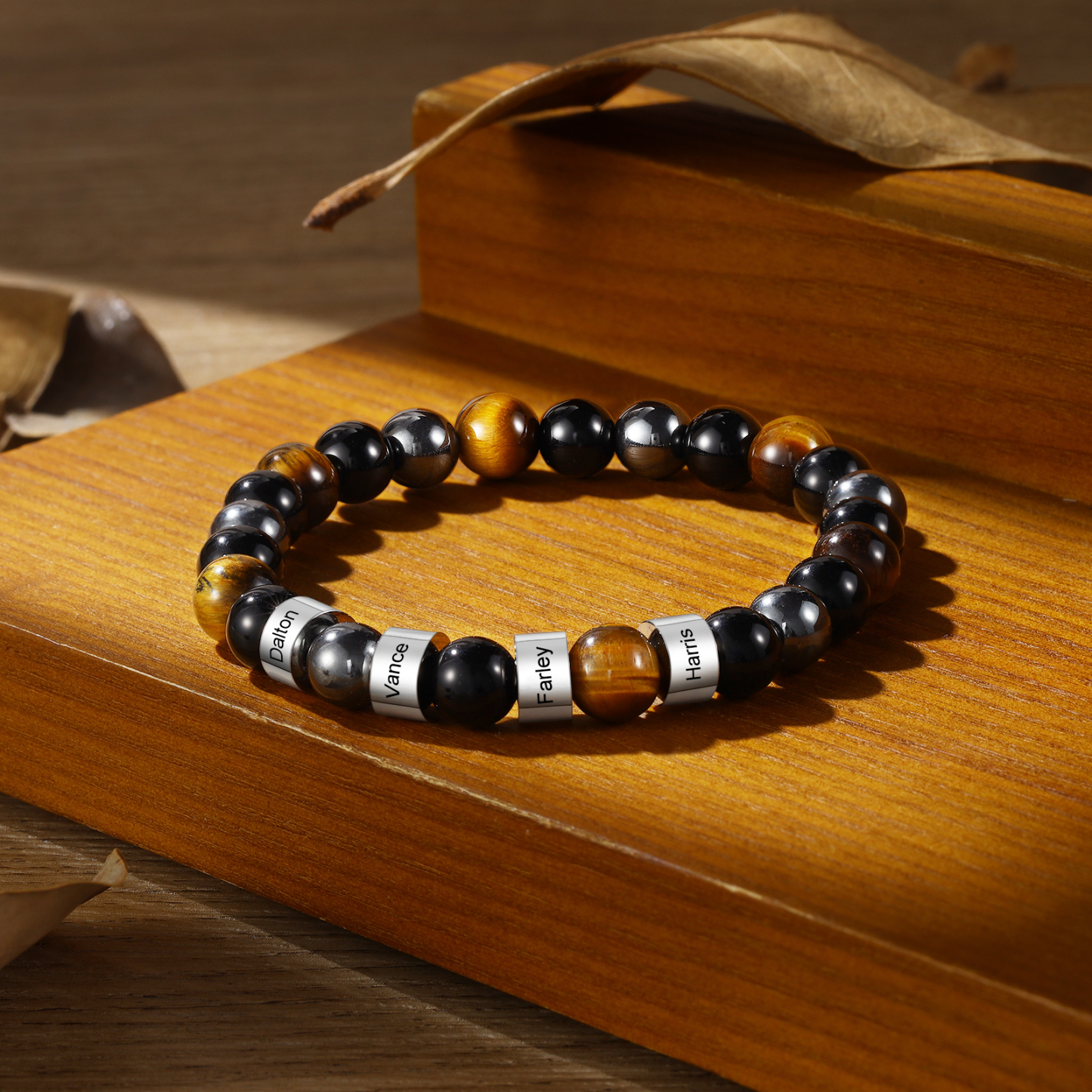 Pulsera de tres tipos de perlas personalizada con 4 nombres para hombre-Jessemade ES