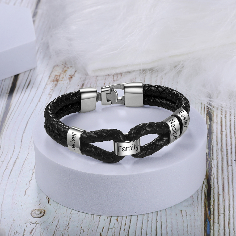 Pulsera 1-7 Nombres Personalizados de Cuero Trenzado con Aros-Jessemade ES