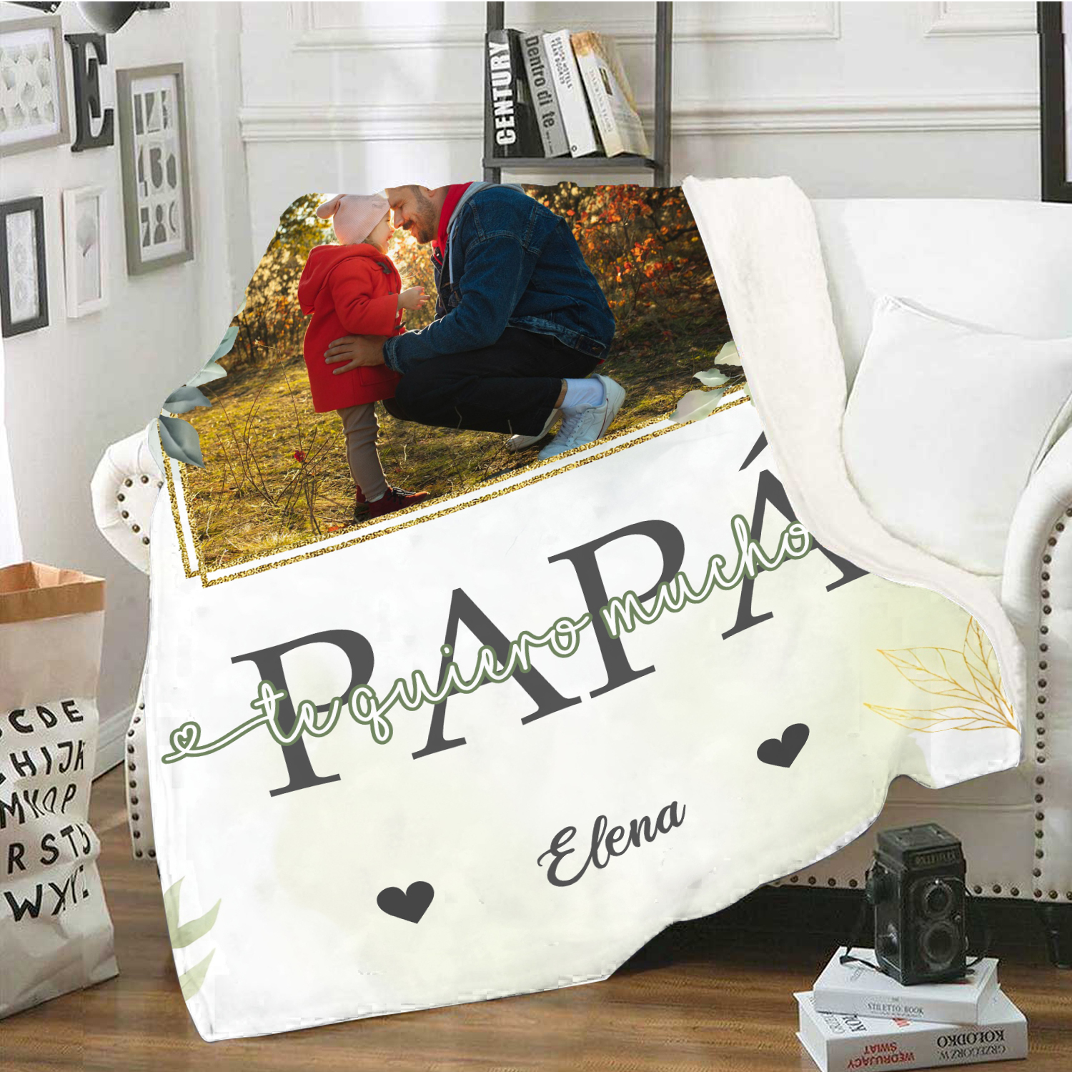 A mi padre de hij@-Manta de buen calidad con hojas personalizada con 1 foto y 1 nombre-Jessemade ES