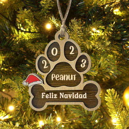 Navidad-Ornamento navideño de madera pata de perro con hueso con 1 nombre y 1 texto personalizados