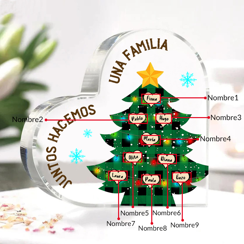 Navidad - Placa de acrílico en forma de corazón árbol con luces con 9 nombres personalizados-Jessemade ES
