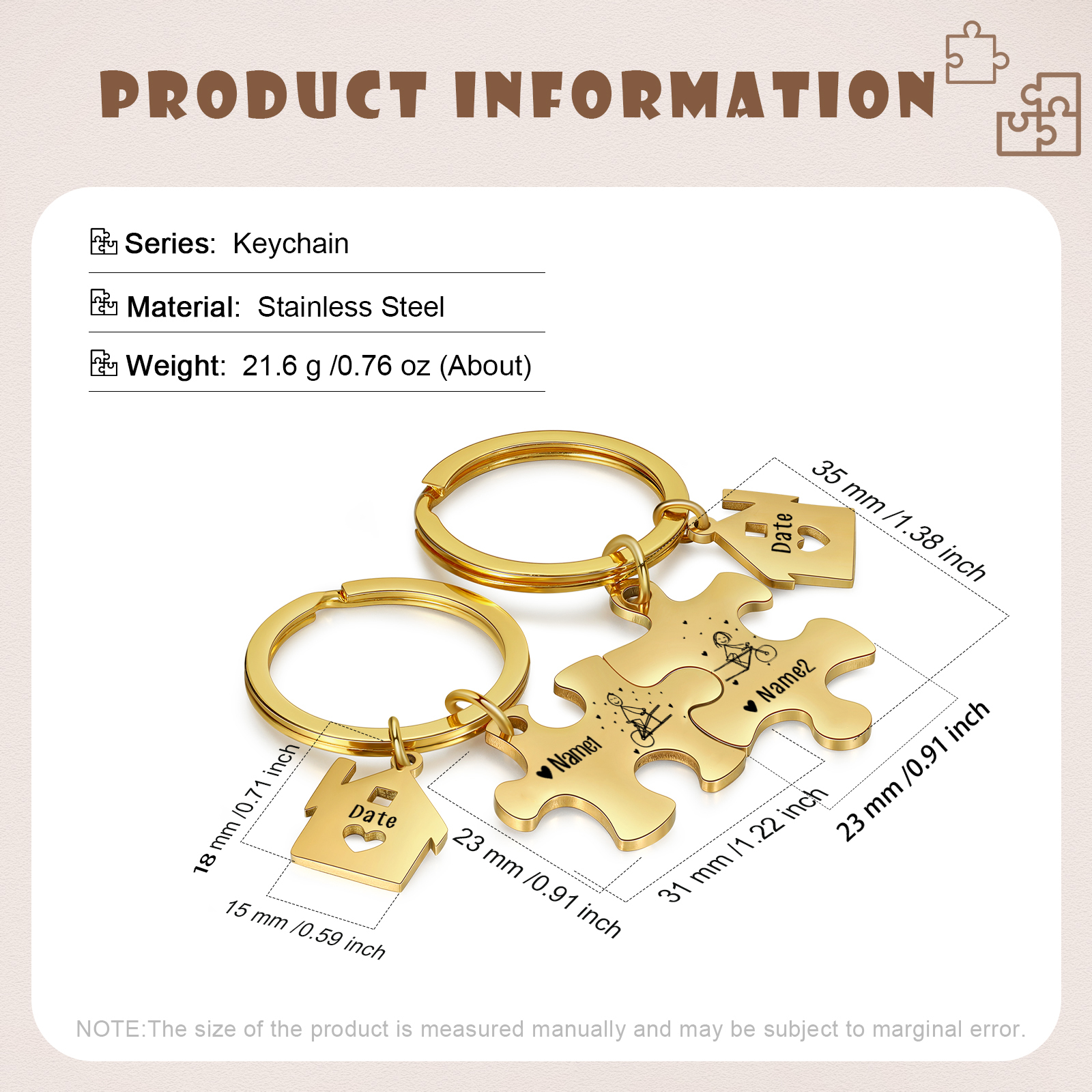 Llavero para pareja rompecabezas 2 nombres personalizados con fecha dije de casa-Jessemade ES
