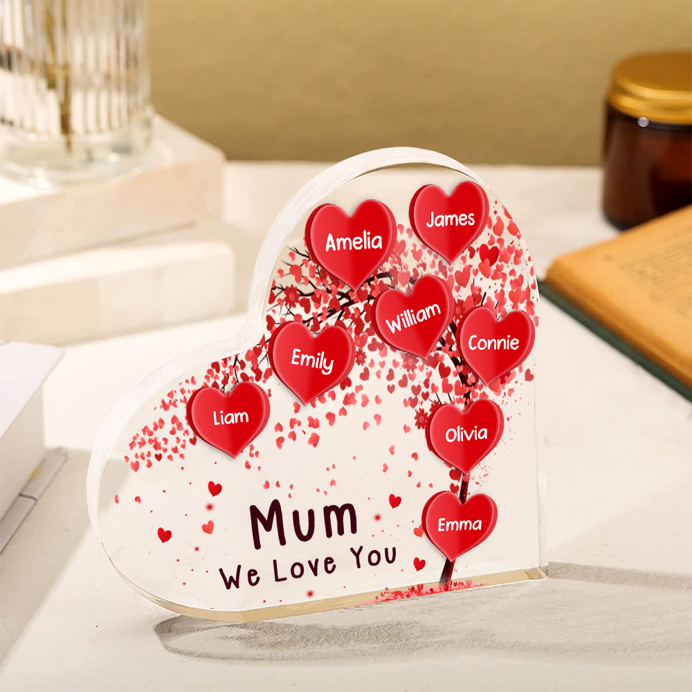 A mi mamá/abuela-Placa de acrílico "Corazones" en forma de corazón 8 nombres y 1 texto personalizados-Jessemade ES