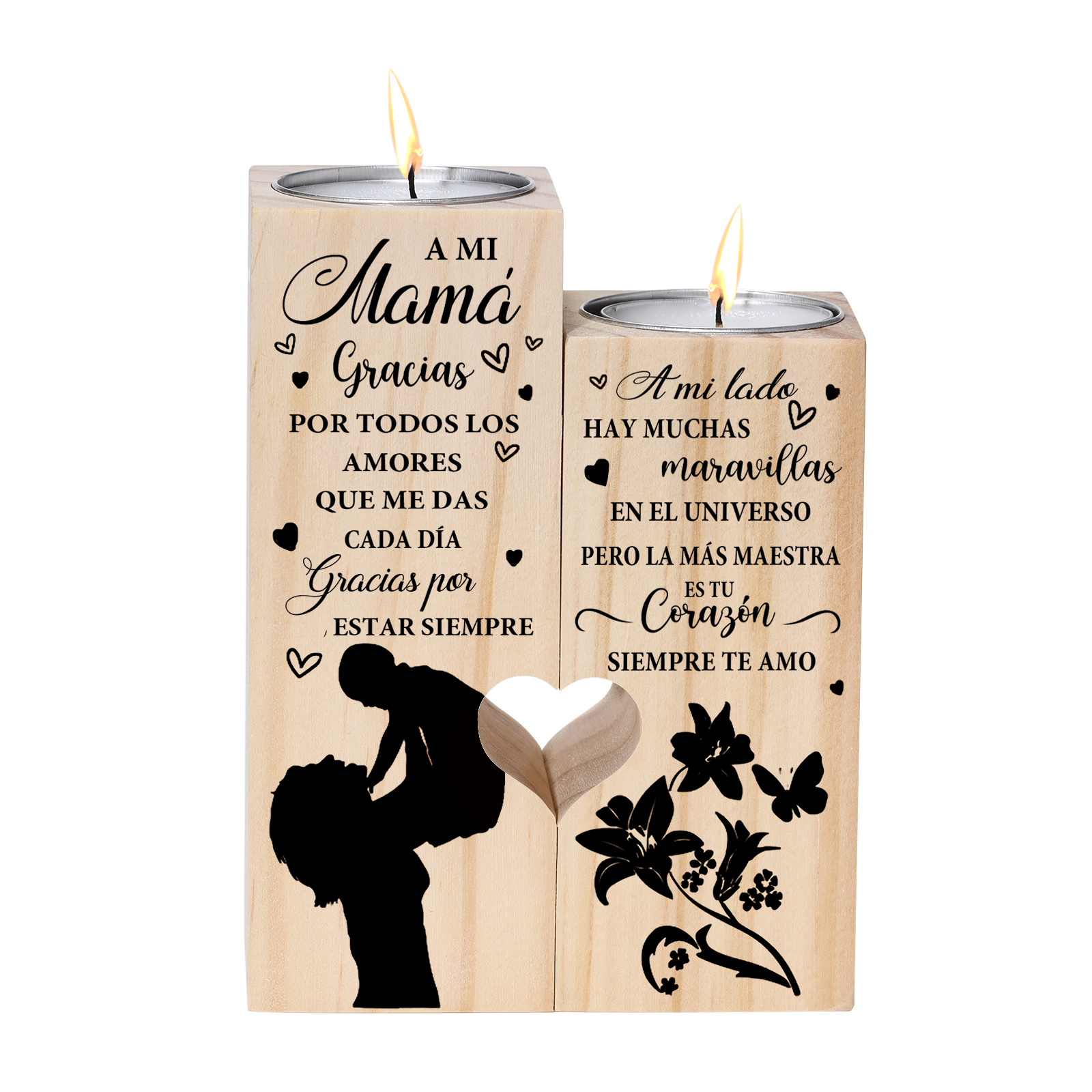 A mi mamá-Candelero de madera de dos piezas sin candela silueta de mamá y niñ@-Jessemade ES