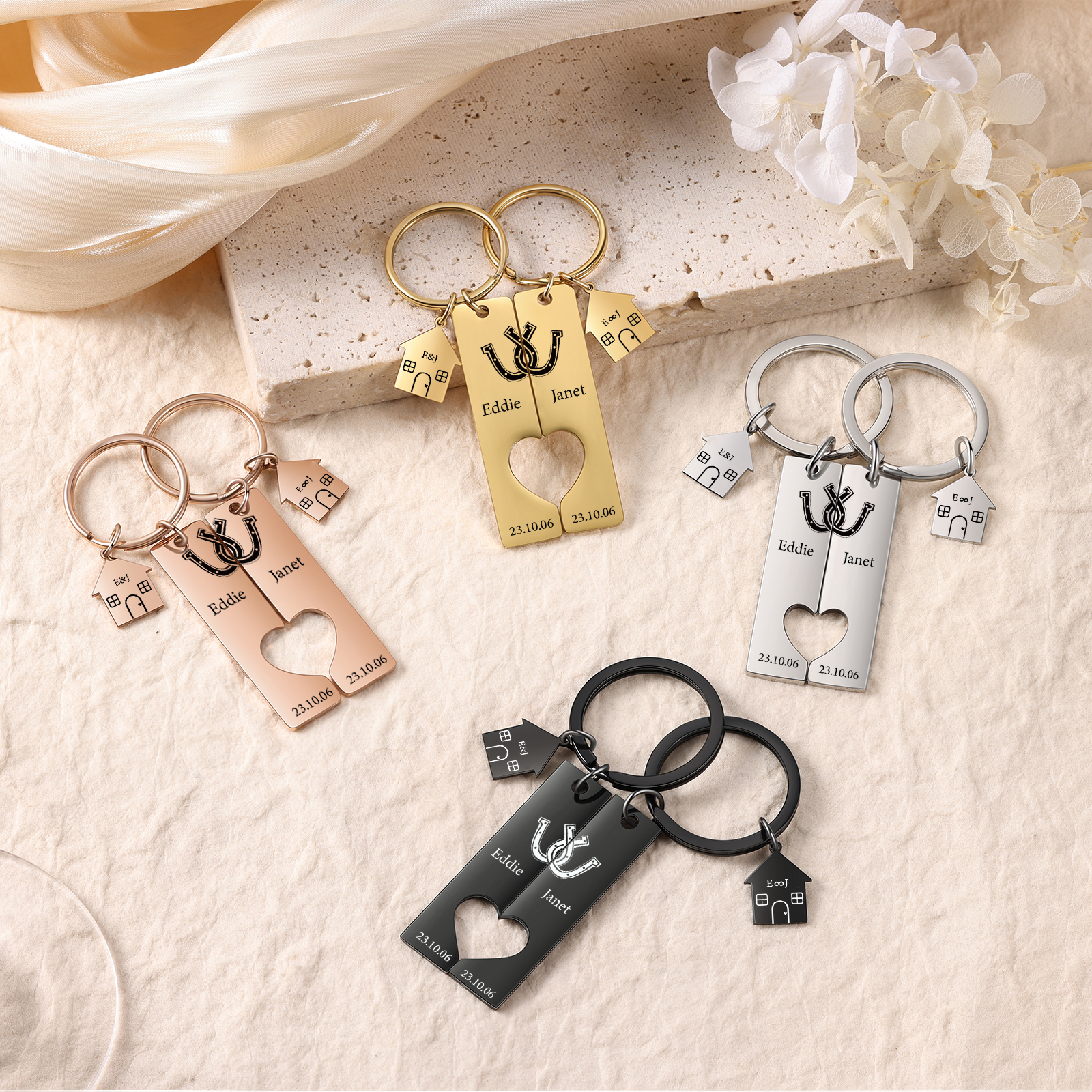 Llavero para pareja herradura 2 letras, 2 nombres personalizados con fecha dije de casa-Jessemade ES