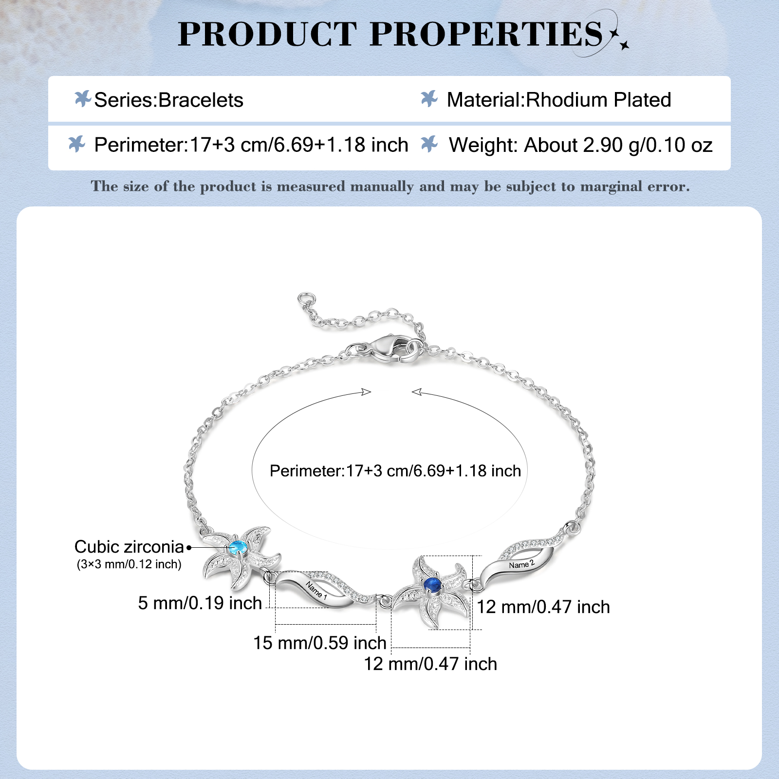 Pulsera con dije de estrella de mar para mujer personalizada con 2 nombres y 2 piedras de nacimiento-Jessemade ES
