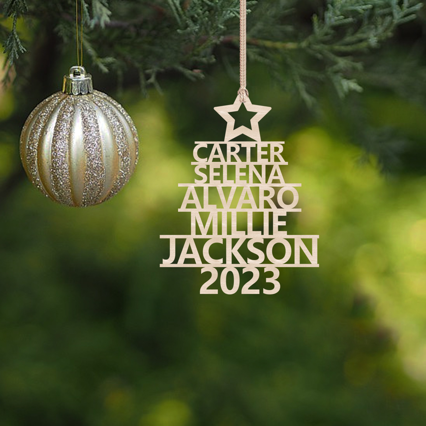 Navidad-Ornamento navideño de madera árbol de nombres con 5 nombres y año personalizados