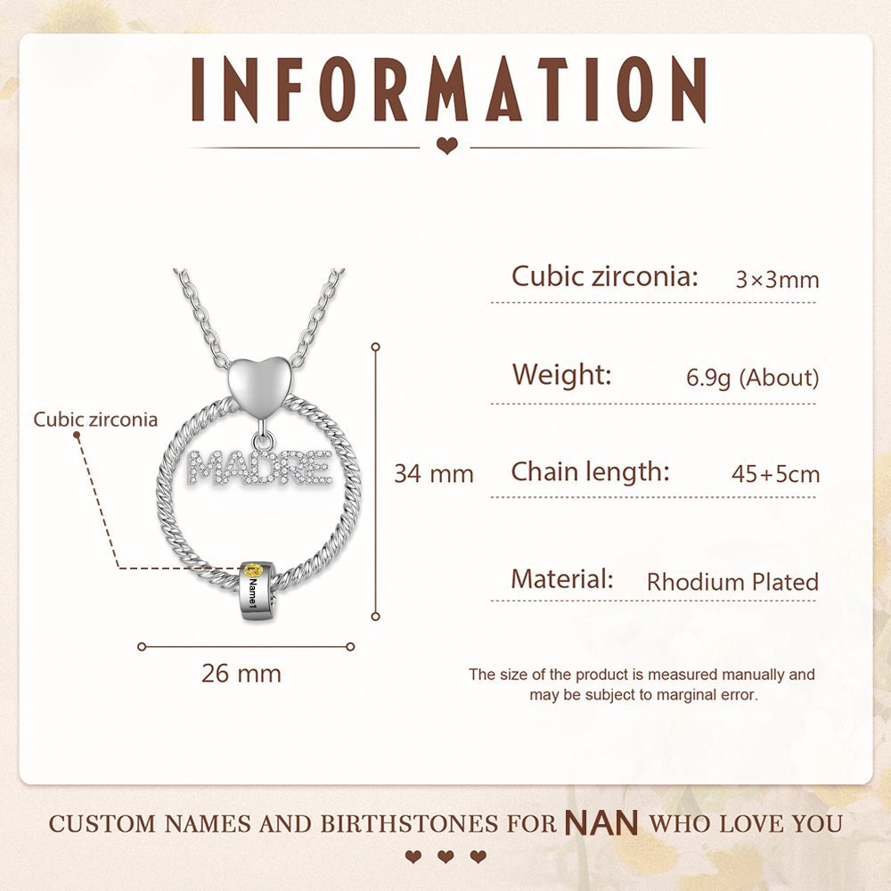 Navidad-Collar con colgante de "MADRE" con 1 nombre y 1 piedra de nacimiento personalizados | Jessemade