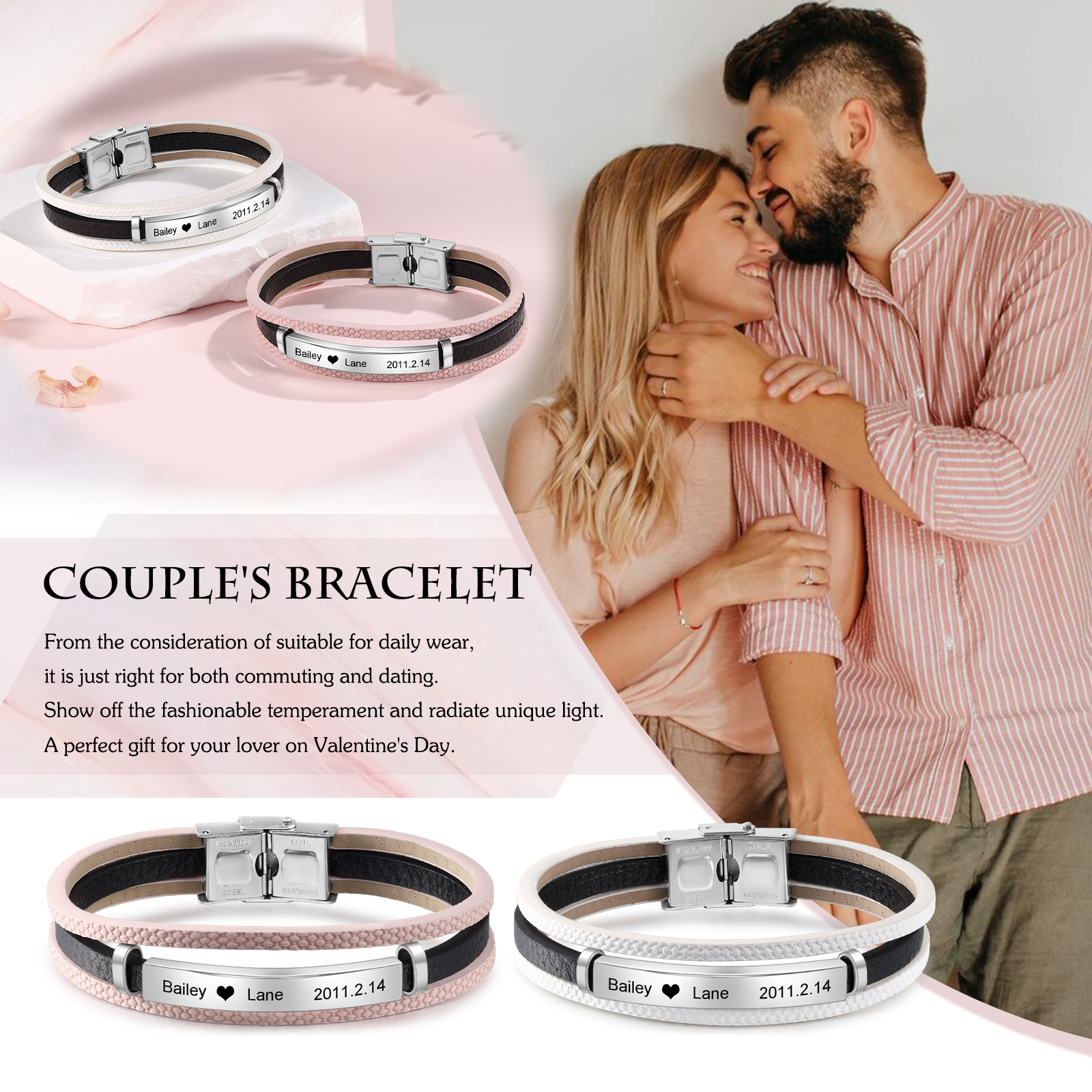 Pulseras de cuero para pareja con placa 2 nombres y fecha personalizados-Jessemade ES