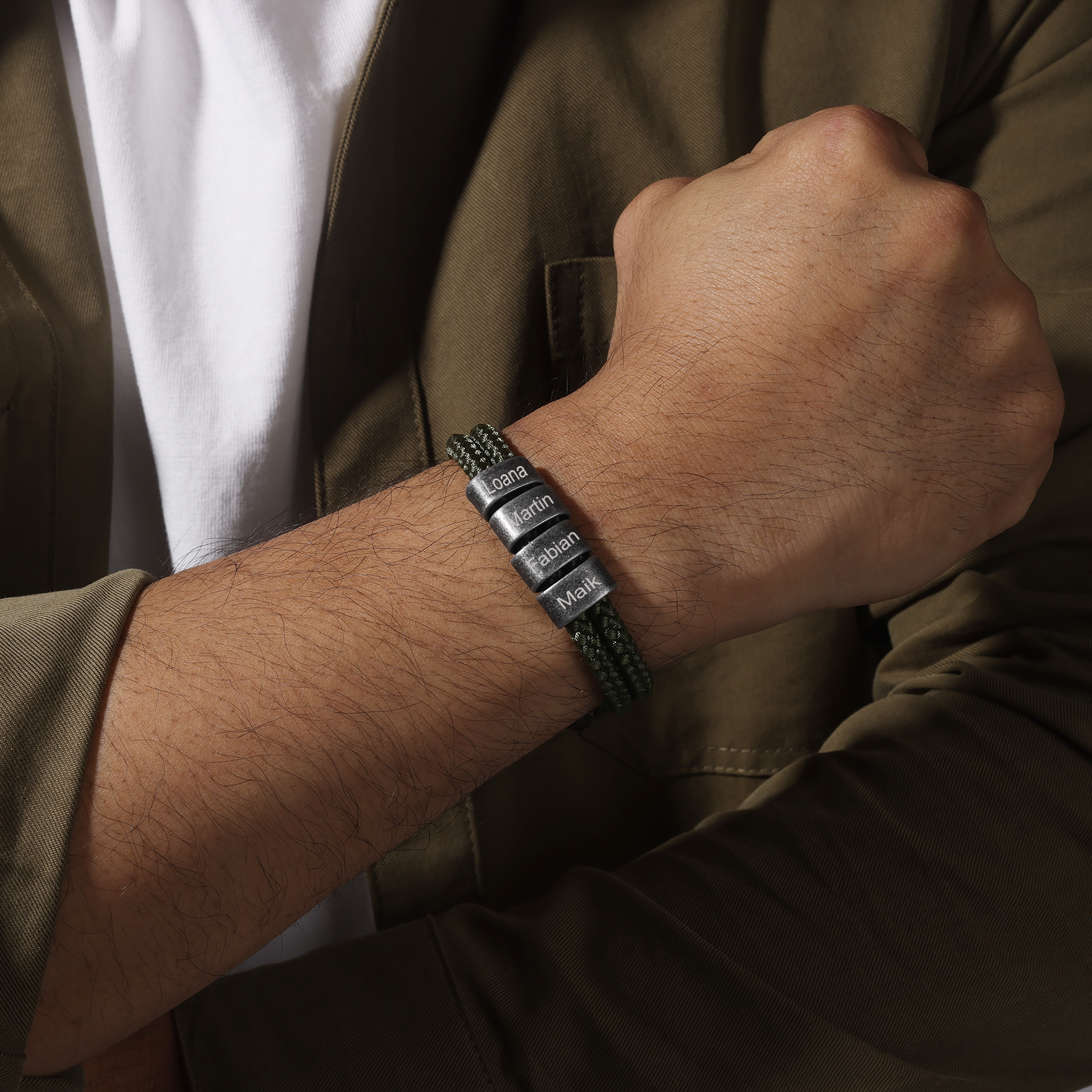 2-4 Nombres Personalizados Pulsera de Cuerda Verde Hiebra Aros de Acero Inoxidable-Jessemade ES