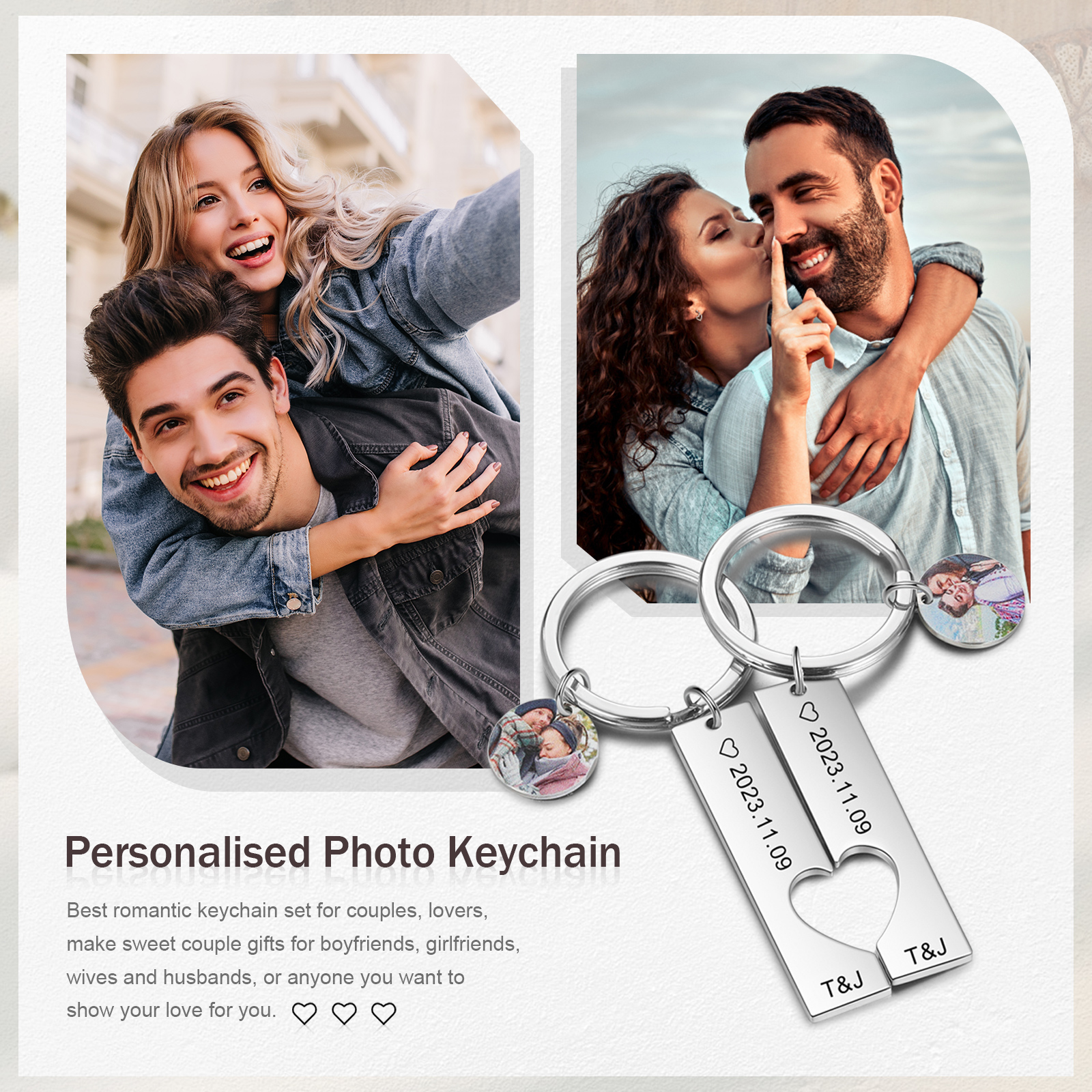 Llavero para pareja corazón encajado 2 letras personalizadas con fecha dije de foto-Jessemade ES