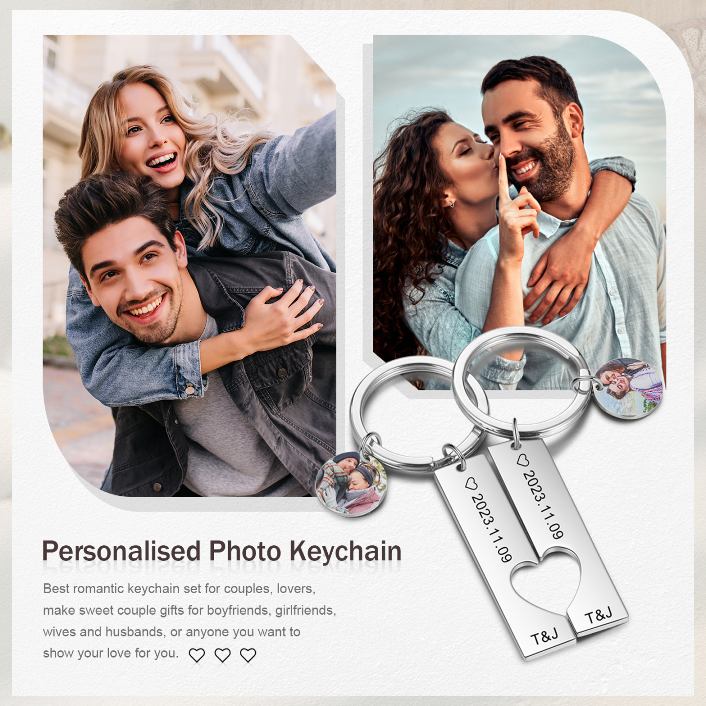 Llavero para pareja corazón encajado 2 letras personalizadas con fecha dije de foto-Jessemade ES