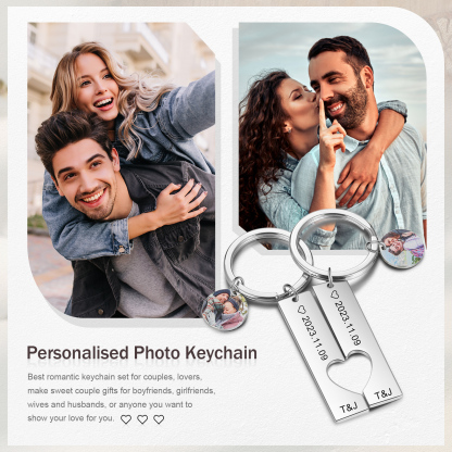 Llavero para pareja corazón encajado 2 letras personalizadas con fecha dije de foto-Jessemade ES