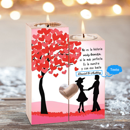 Candelero de siluetas de pareja de madera de dos piezas sin candela con 1 texto personalizado-Jessemade ES