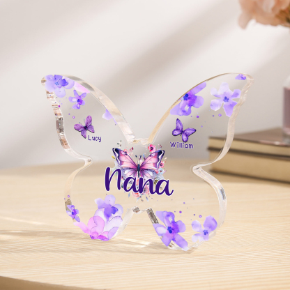 A mi mamá/abuela-Placa de acrílico "Mariposas" en forma de mariposa 2 nombres y 1 texto personalizados-Jessemade ES