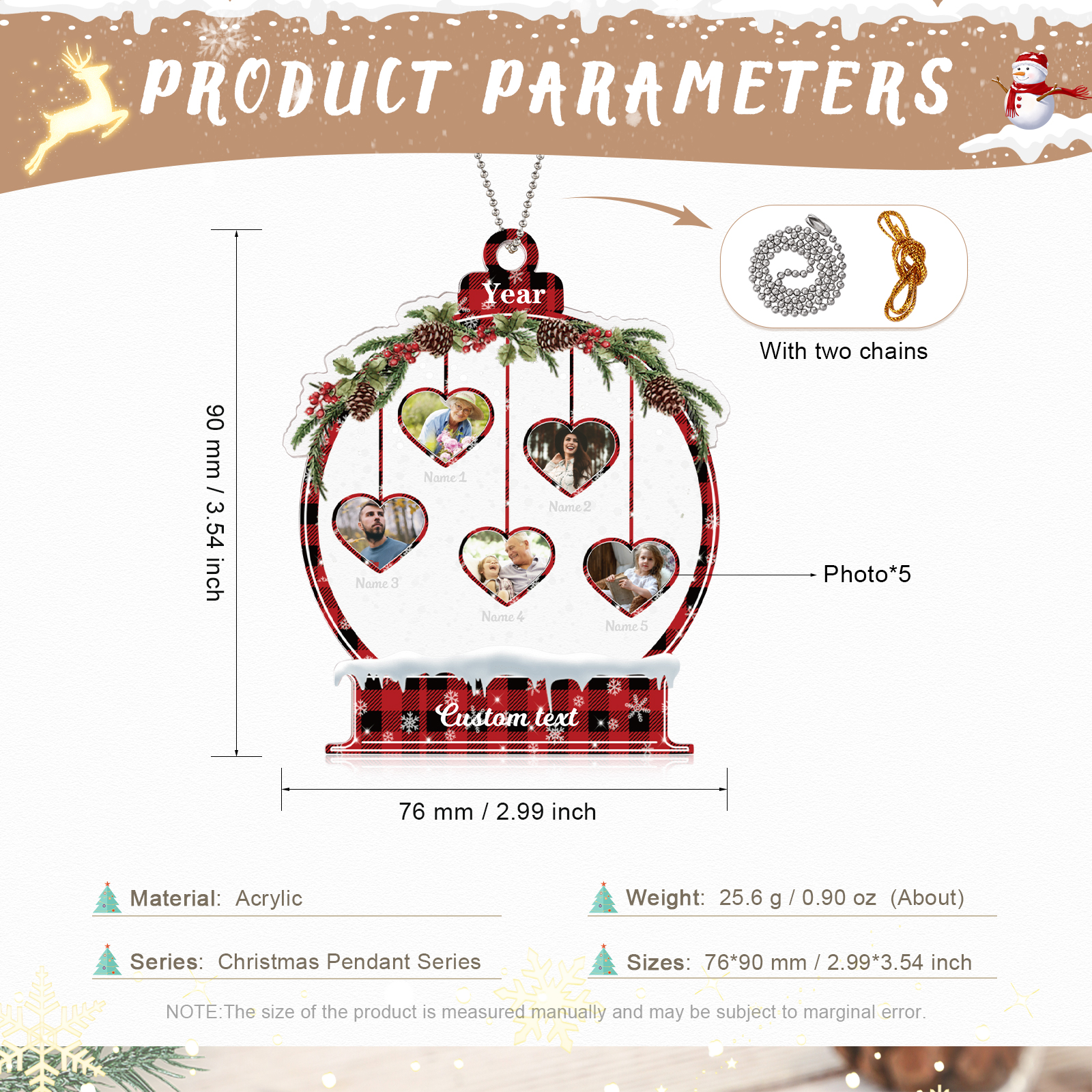 Navidad-Ornamento navideño de acrílico bola de cristal con 5 nombres, 5 fotos y 1 texto personalizados-Jessemade ES