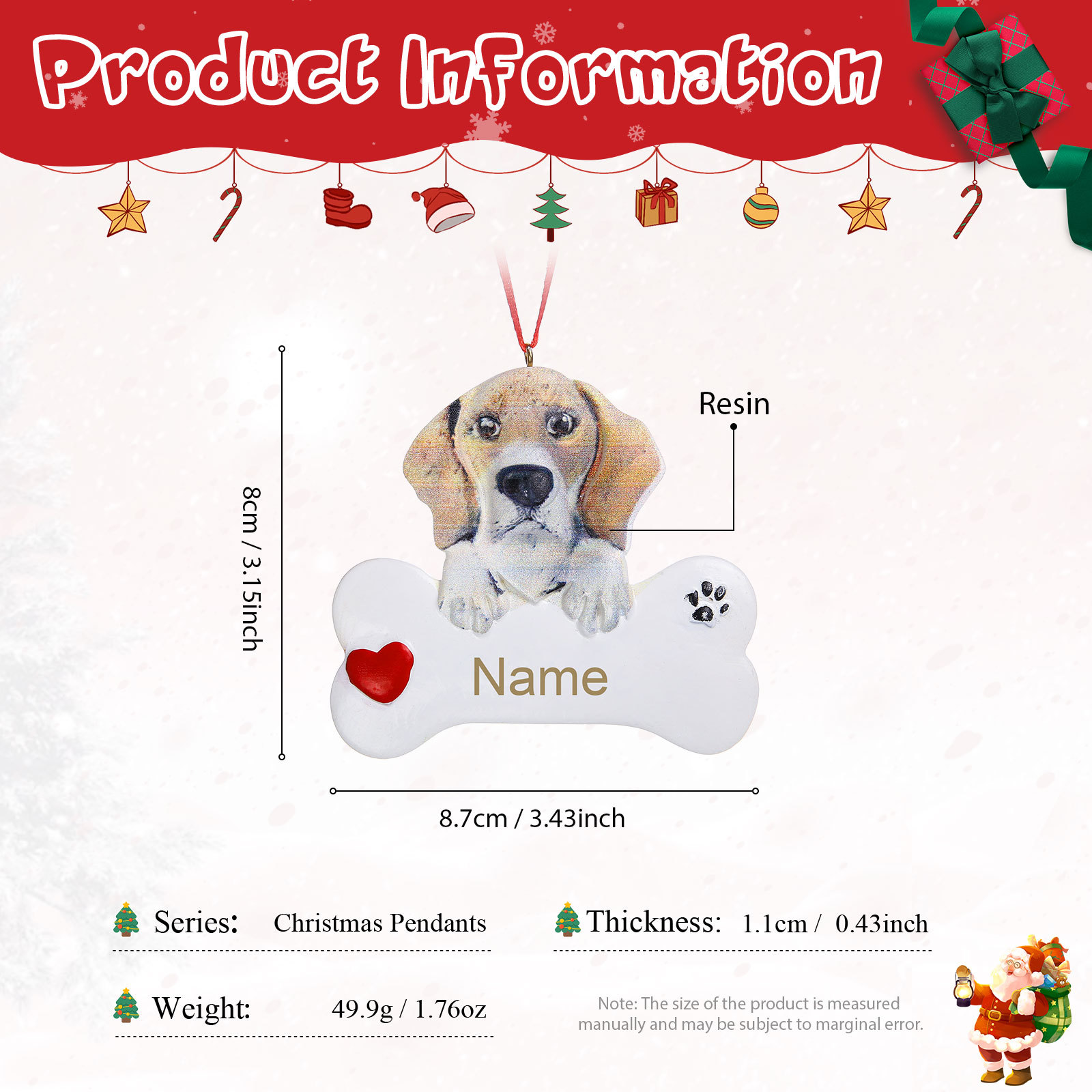 Navidad-Ornamento navideño de resina mascota perro Beagle 1 nombre personalizado adorno del árbol