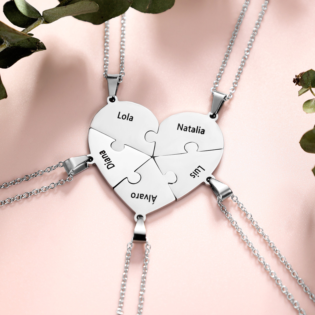 Collares de corazón 5 piezas de rompecabezas 5 nombres personalizados-Jessemade ES