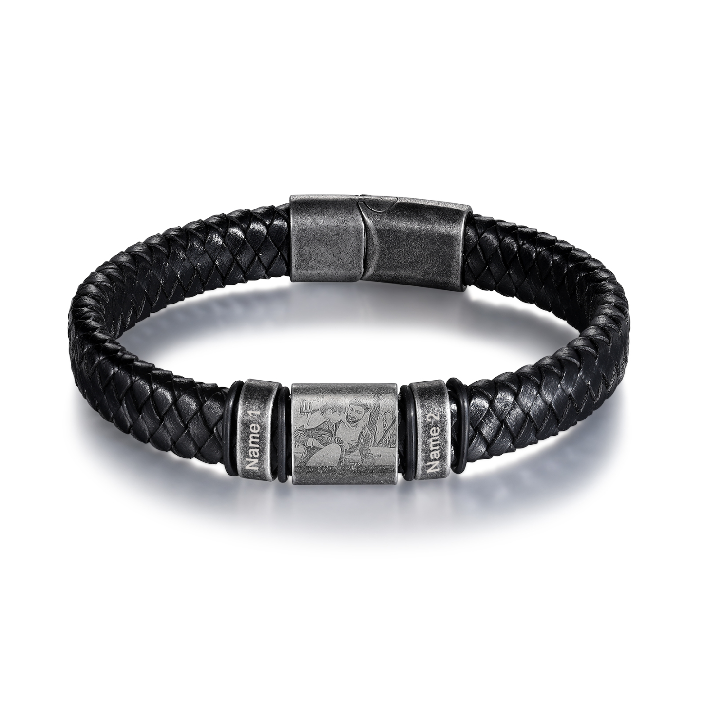 Pulsera 2-5 Nombres en Aros y Foto en Placa Personalizados de Cuero Trenzado