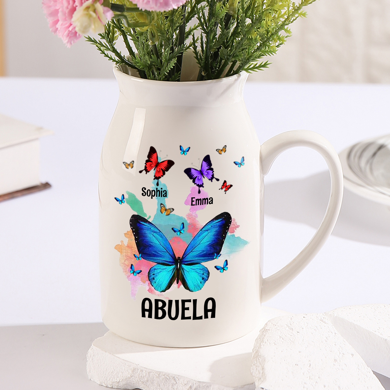 Florero de cerámica mariposas 2-8 nombres personalizados con texto decoración del hogar-Jessemade ES