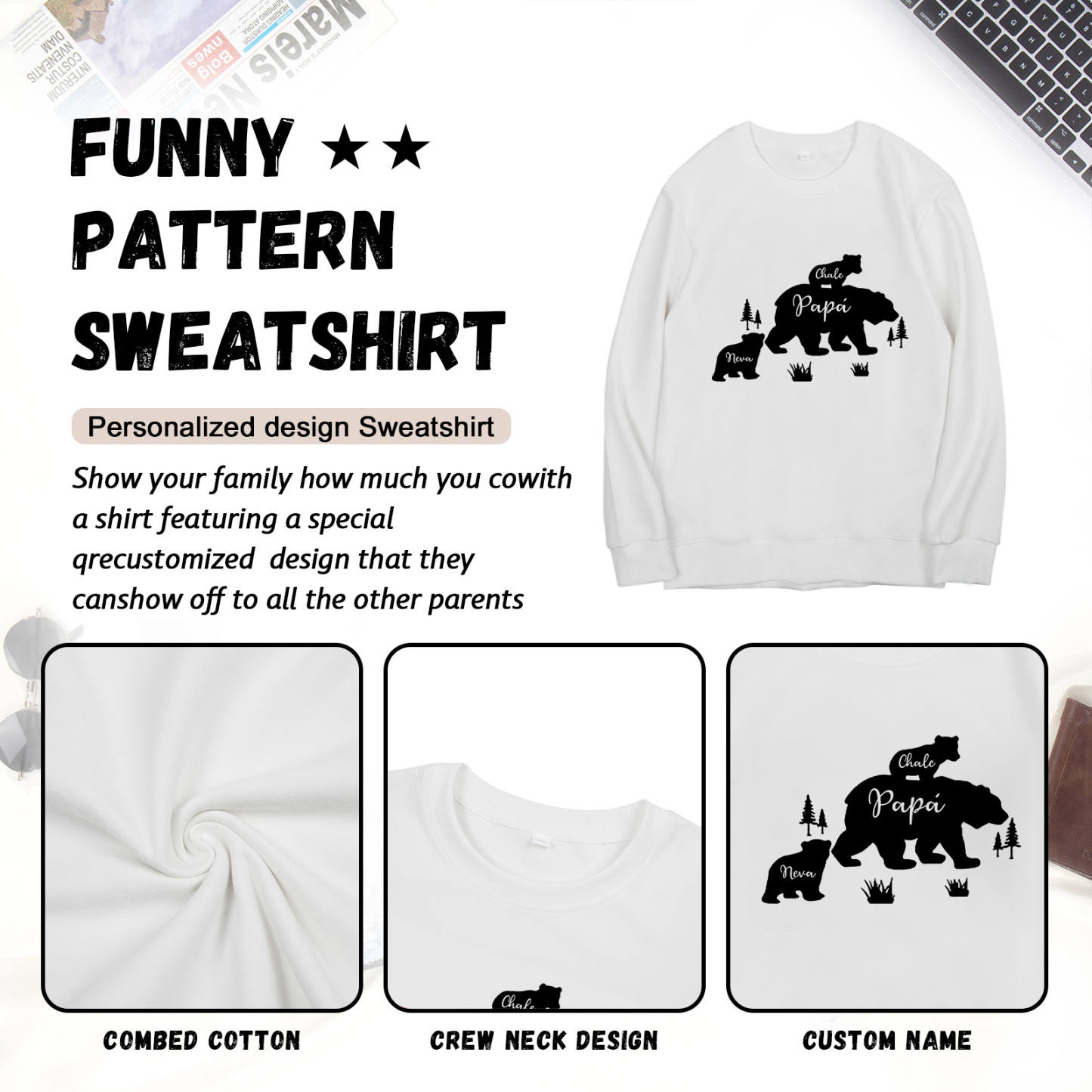 Familia-Sudadera "Oso y sus bebés" 3 nombres personalizados-Jessemade ES