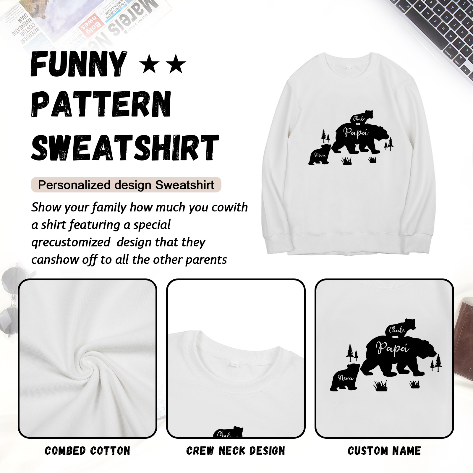 Familia-Sudadera "Oso y sus bebés" 3 nombres personalizados-Jessemade ES