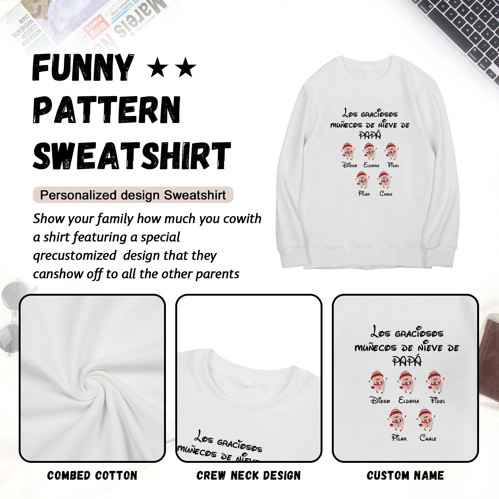 Familia-Sudadera "Muñecos de nieve" 6 nombres personalizados-Jessemade ES