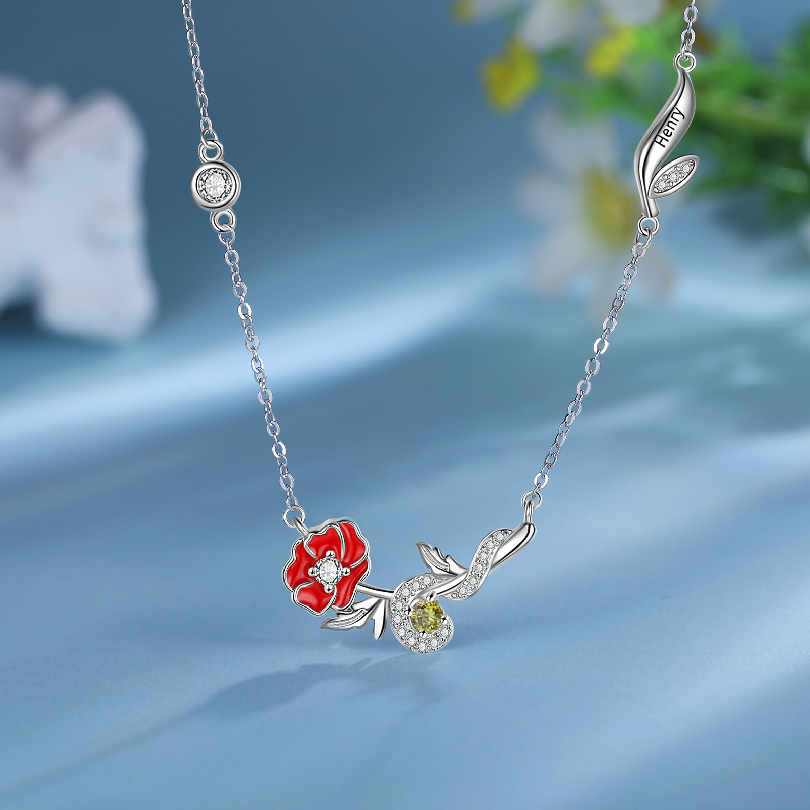 Collar de flor de agosto adormidera con nombre personalizado y piedra de nacimiento-Jessemade ES