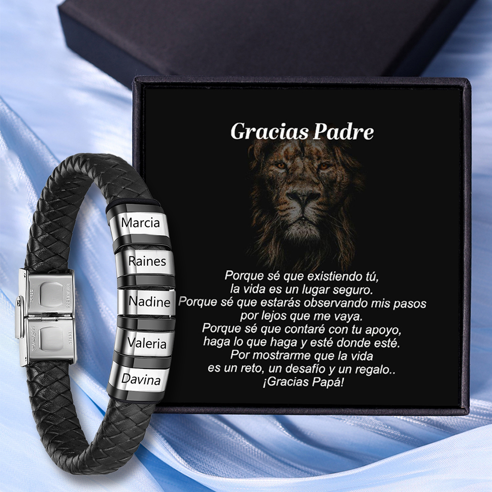 A MI PAPÁ-Pulsera de cuero trenzado de hombre con 5 perlas personalizadas con 5 nombres-Jessemade ES