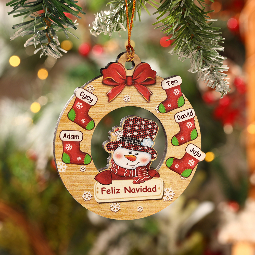 Navidad-Ornamentos Navideños de Madera Muñecos de Nieve y Calcetines 5 Nombres con Texto Personalizados-Jessemade ES
