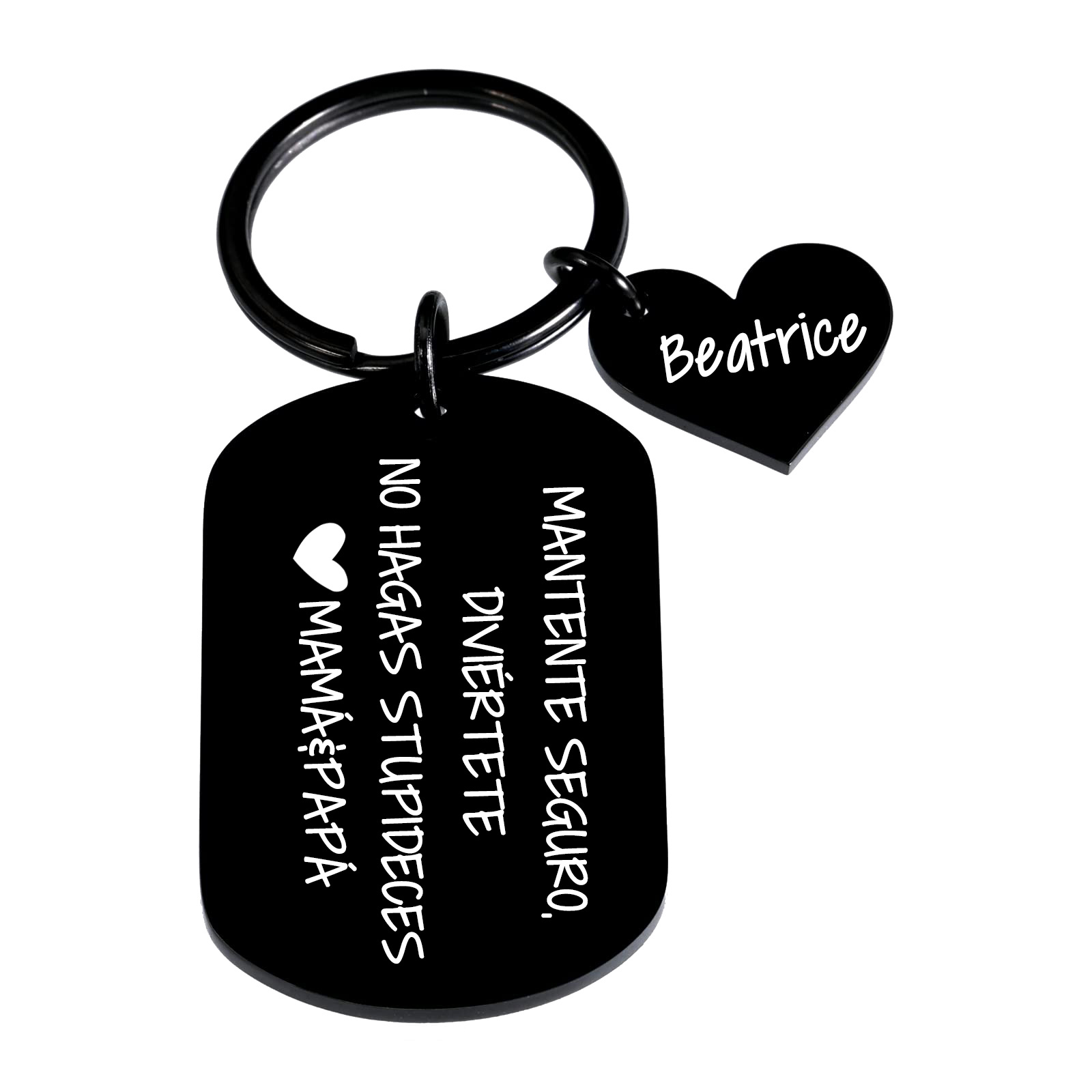 Llavero de placa "MANTENTE SEGURO, DIVIÉRTETE, NO HAGAS STUPIDECES" a hijo de padres 1 nombre personalizado-Jessemade ES