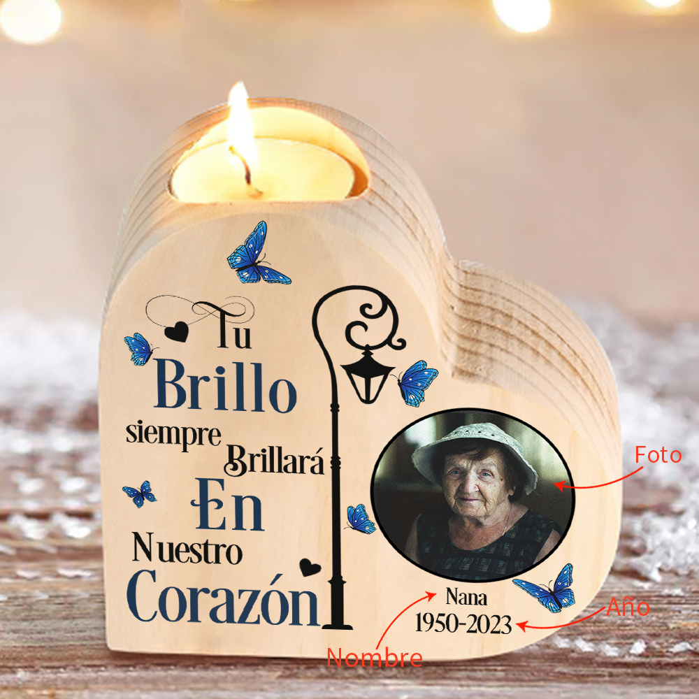 Candelero de corazón en memoria de ser querido de madera foto, nombre y año personalizados sin vela