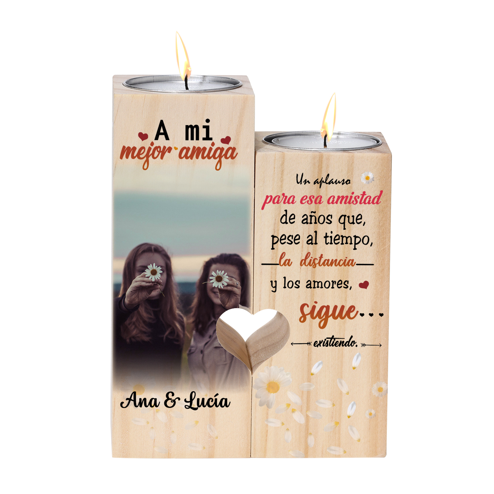 Candelero para amiga de madera de dos piezas sin candela con nombres personalizados-Jessemade ES