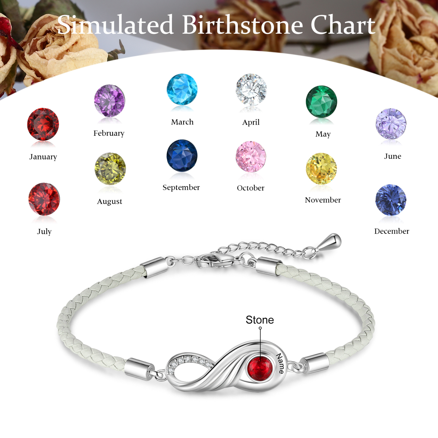 Pulsera de pareja 1 nombre personalizado con 1 piedra de nacimiento