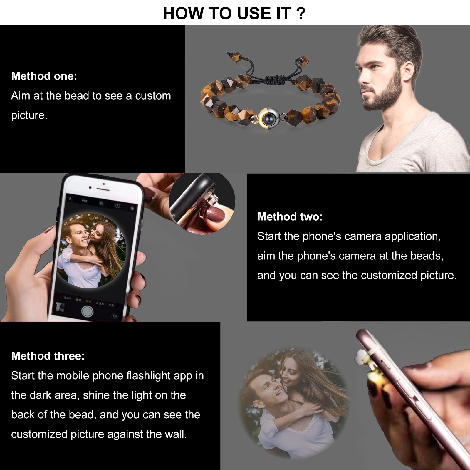 Pulsera de perlas rómbicas con proyección de foto en color para hombre-Jessemade ES