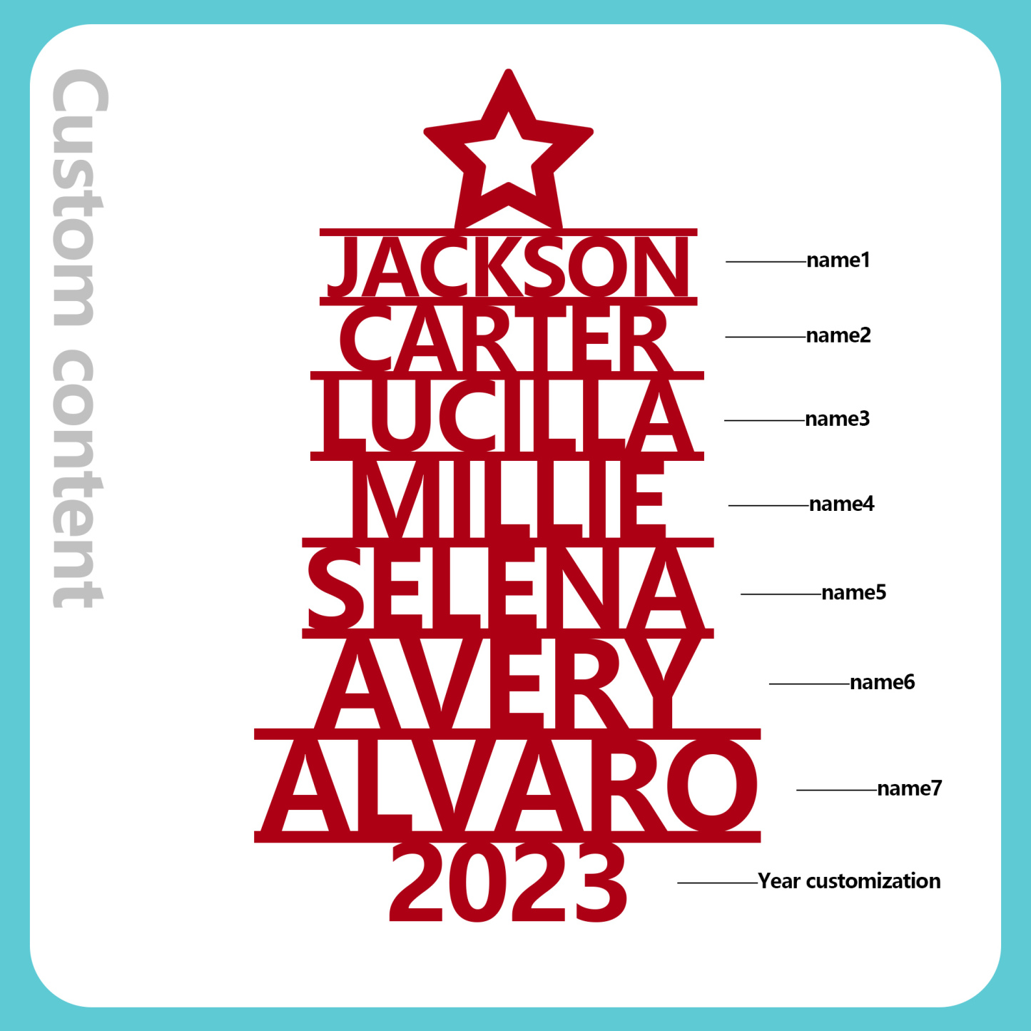 Navidad-Ornamento navideño de madera árbol de nombres con 7 nombres y año personalizados