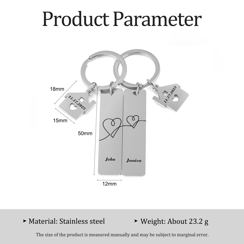 Llavero para pareja corazones conectados 2 nombres personalizados con fecha dije de casa-Jessemade ES