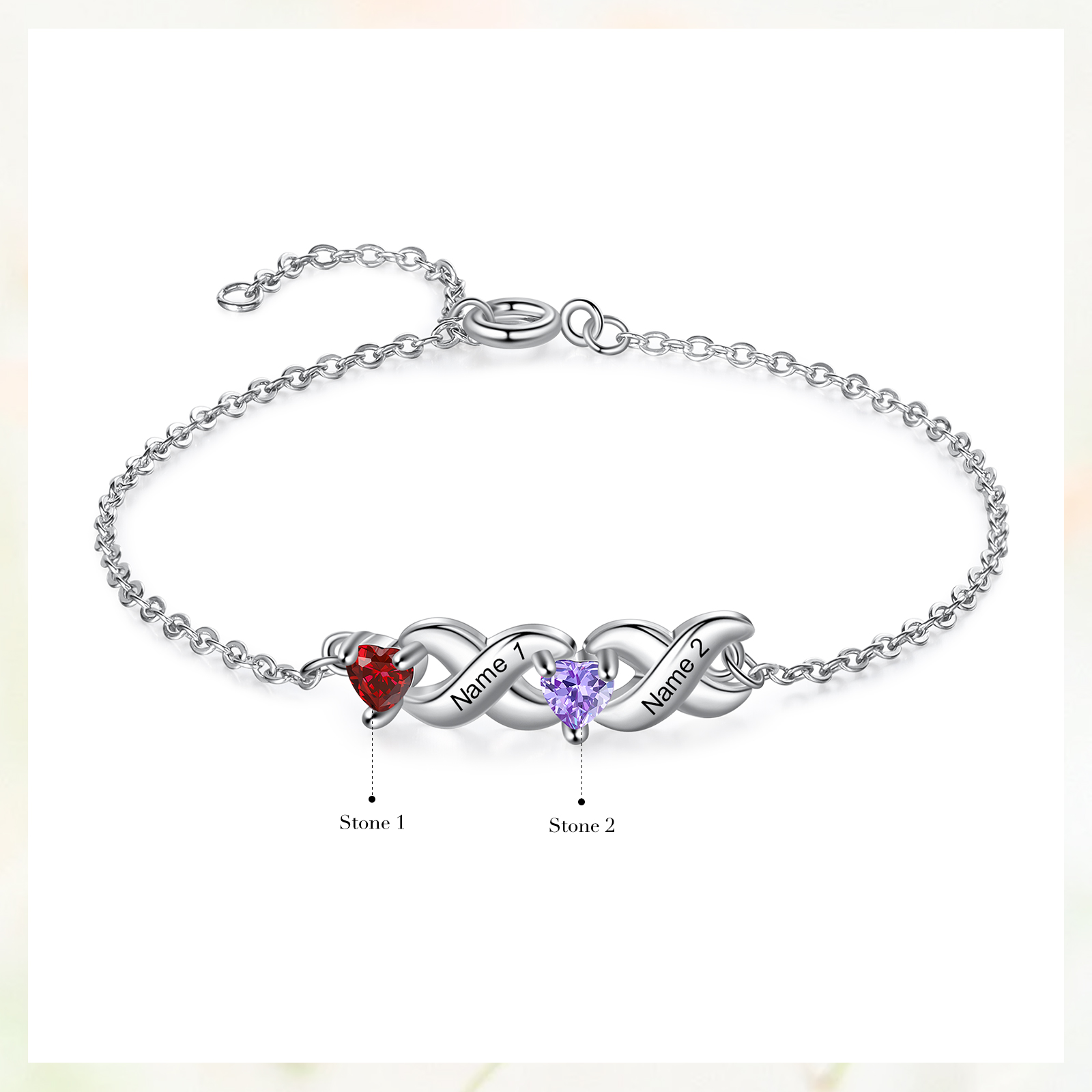 Pulsera infinito personalizada con 2 nombres y 2 piedras de nacimiento de corazón-Jessemade ES