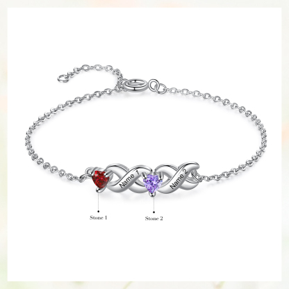 Pulsera infinito personalizada con 2 nombres y 2 piedras de nacimiento de corazón-Jessemade ES